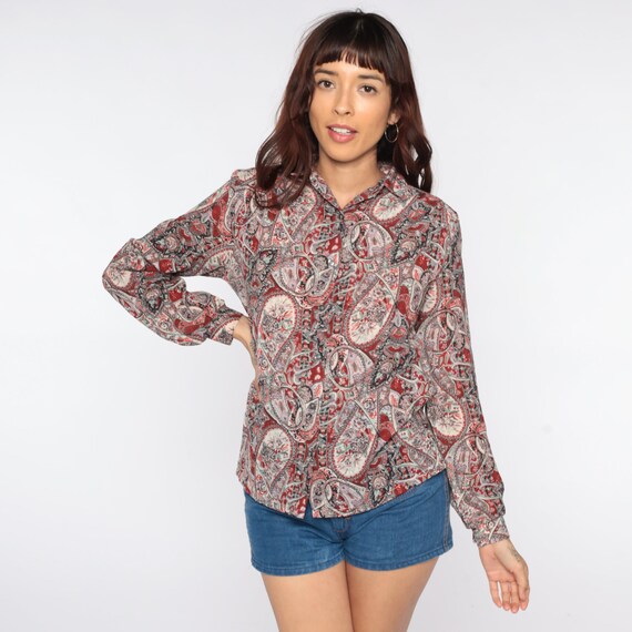 80s Blouse Paisley Shirt Button Up Shirt Long Sleeve Top Psychedelic Shirt Boho 1980s Vintage Bohemian Medium