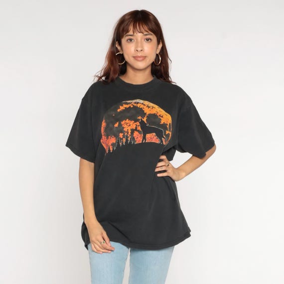 Vintage Black Wolf T Shirt 90s Full Moon Graphic Tee Animal Wildlife Nature Screen Print 1990s Retro Extra Large xl