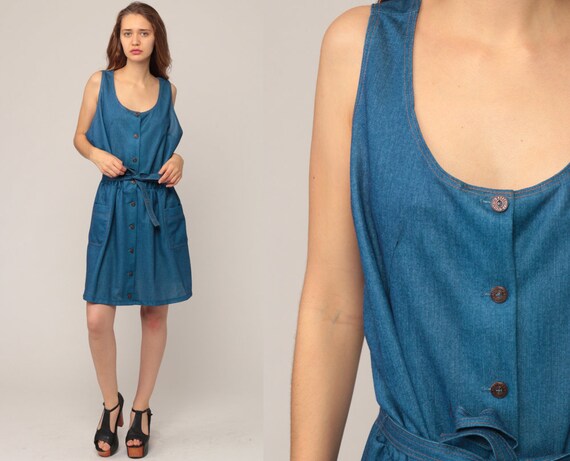 Denim Dress XL Plus Size Dress Jumper Dress 70s Mini Boho Button Up Pocket 1970s High Waisted Vintage Blue Sleeveless Tank Extra Large 2xl