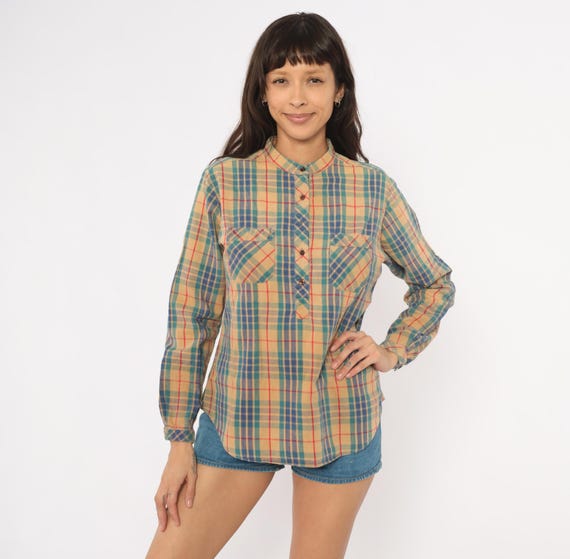 80s Plaid Henley Shirt Tan Navy Cotton Flannel Band Collar Half Button Long Sleeve Chest Pocket Teal Red Vintage Blouse Mervyns Top Small S