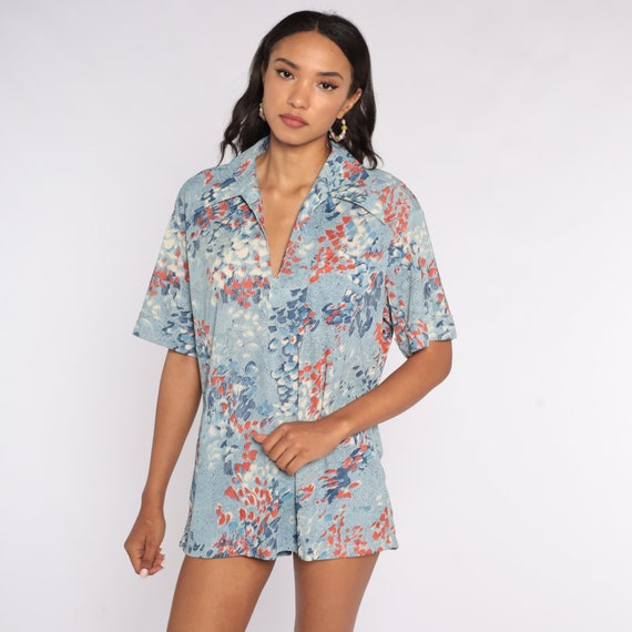 70s Brushstroke Blouse Blue Boho Top 70s Top Hippie V Neck Top 1970s Bohemian Vintage Short Sleeve Extra Large xl 2xl xxl