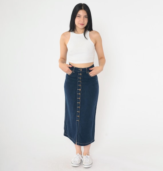 Vintage 90s Denim Midi Skirt Bodycon Button Up Lyocell Jean Skirt 1990s High Waisted Tight Skirt Retro Dark Wash Blue Y2K Size Small 6