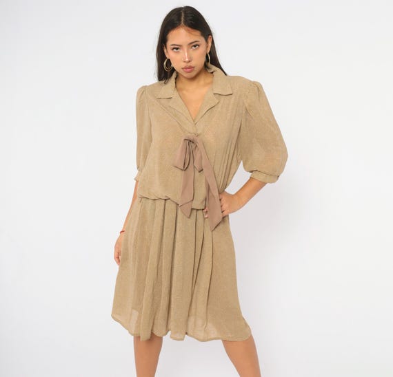 80s Tan Polka Dot Dress Breli Originals Blouson Drop Waist Pleated Skirt Puff Sleeve Collar V Neck Bow Tie Front Day Sundress Extra Small XS