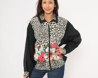 Leopard Zebra Floral Windbreaker 90s Animal Jacket Zip Front Tropical Flower Black Pattern Colorful Bomber Streetwear Patchwork Medium M