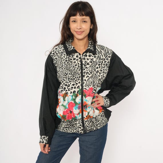 Leopard Zebra Floral Windbreaker 90s Animal Jacket Zip Front Tropical Flower Black Pattern Colorful Bomber Streetwear Patchwork Medium M