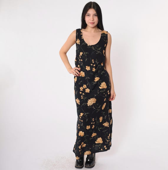 Vintage Black Floral Sundress Y2K Maxi Gold Flower Print Day Scoop Neck Sleeveless Sun Tank Side Slit Summer Bohemian 00s 16 W