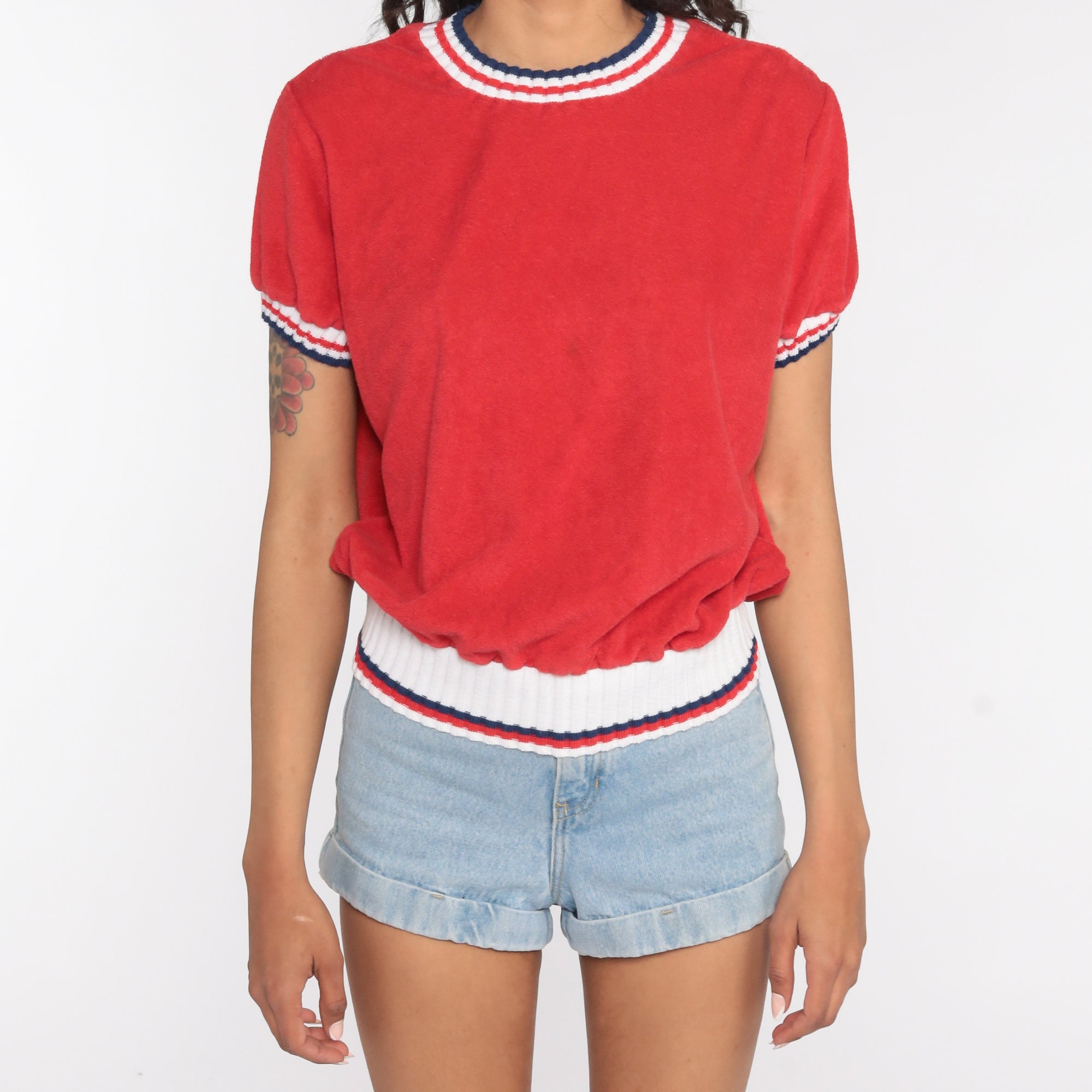 Terry Cloth Shirt 80s Red Terrycloth Plain Tshirt Ringer Tee Retro T ...