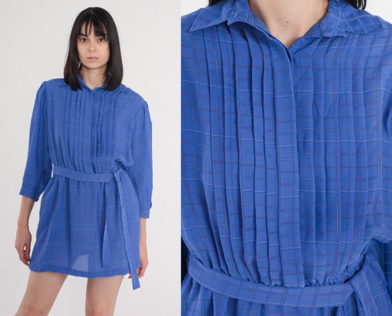 Blue Checkered Dress 80s Mini Dress Pleated Button Up Shirtwaist 3/4 Sleeve High Waist Belt Secretary Preppy Chic Vintage 1980s Medium Large