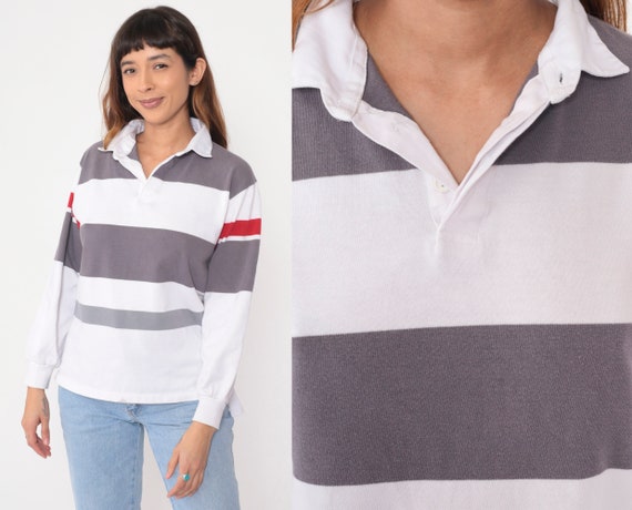 Striped Rugby Shirt 90s White Grey Polo Shirt Lon… - image 1