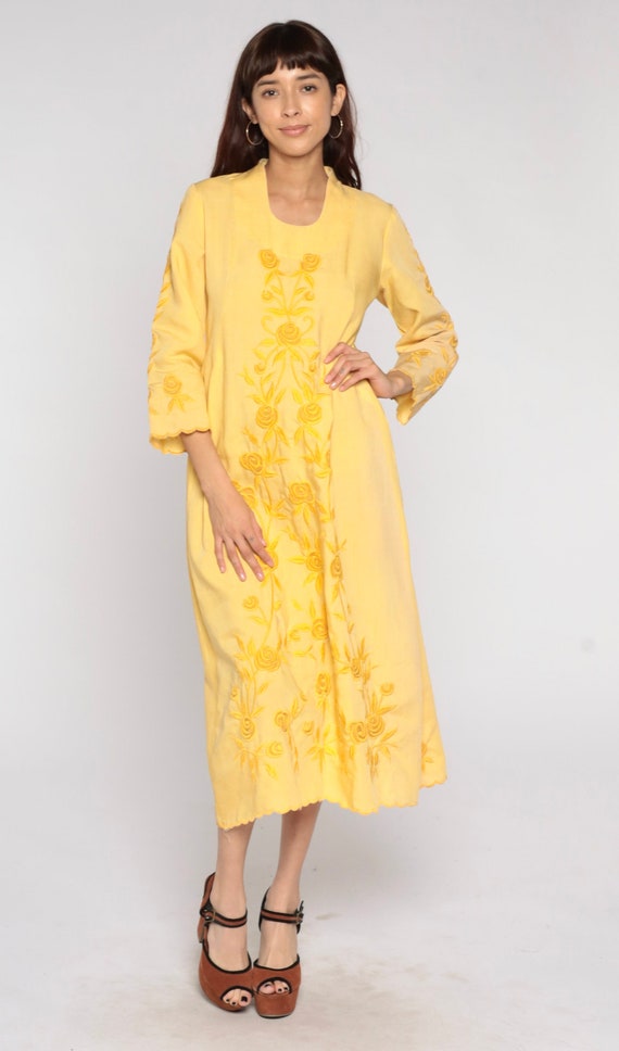Floral Embroidered Dress 70s Boho Dress Yellow Midi Long Sleeve 1970s Hippie Bohemian Shift Festival Vintage Embroidery Small Medium