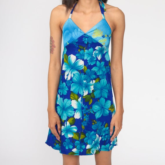 Halter Neck Dress Blue Floral Print 70s Mini Dres… - image 5