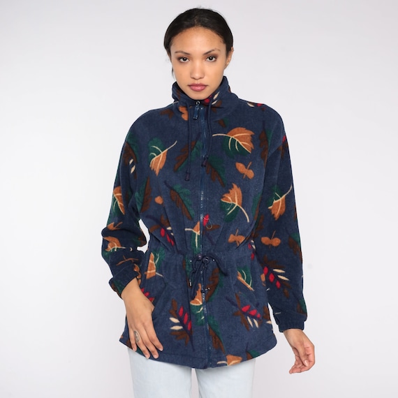 Leaf Print Fleece Jacket 90s Navy Blue Zip Up Windbreaker Boho Grunge Hiking Granola Hipster Sweater Hippie Vintage Bohemian 1990s Medium M