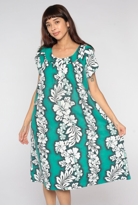 Vivo Pesi Notch Collar Tent Dress - Green / White Print