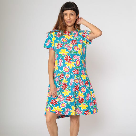 Vintage Bright Floral Dress 90s Blue Tropical Flower Print Flounce Knee Length Short Sleeve 1990s Drop Waist Yellow Pink Medium 8