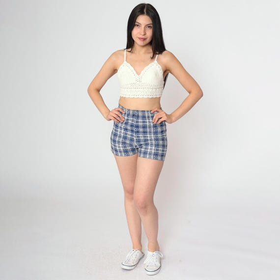 Vintage 70s Blue Plaid Hotpants High Waist Shorts Checkered Print Elastic Waistband Polyester Knit Shorts Retro Summer 1970s Extra Small xs