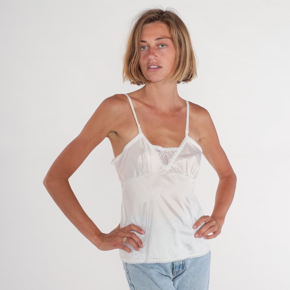 White Cami Top 80s Lingerie Camisole Tank Top Lace Trim Undershirt Longline Spaghetti Strap Empire Waist Lounge Nylon Vintage 1980s Small S