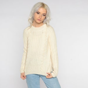 Cremefarbener Zopfmuster-Pullover 80er Jahre Strukturierter Pullover Pullover Retro Fischer Grunge Hipster Basic Zopfmuster Pullover Acryl Vintage 1990er Jahre