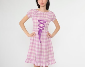 60s Gingham Cottagecore Dress 70s Prairie Mini Dress Lavender Purple Lace Up Corset Cap Sleeve High Waist Checkered Vintage Extra Small xs