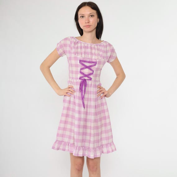 60s Gingham Cottagecore Dress 70s Prairie Mini Dress Lavender Purple Lace Up Corset Cap Sleeve High Waist Checkered Vintage Extra Small xs