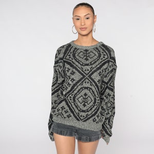 Grey Geometric Sweater -- 90s Sweater Acrylic Knit Jumper Print 80s Statement Vintage Pullover Jacquard Retro Men&#39;s Medium
