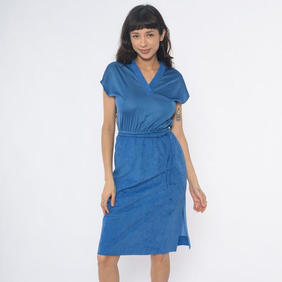 80s Garden Sundress Blue Wrap Dress V Neck Tie Belted Waist Minimalist Office Workwear Vintage Periwinkle Cornflower Faux Wrap Medium M