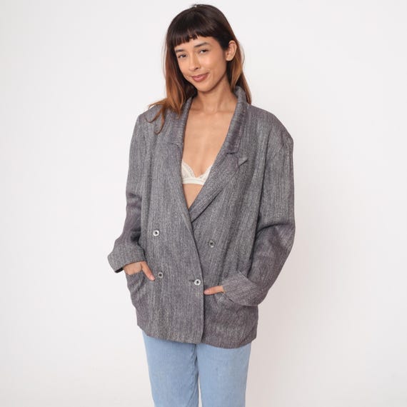 Gray Double Breasted Blazer 80s Herringbone Power Suit Jacket Professional Dark Academia Office Wear Vintage Tailored Business Extra Large