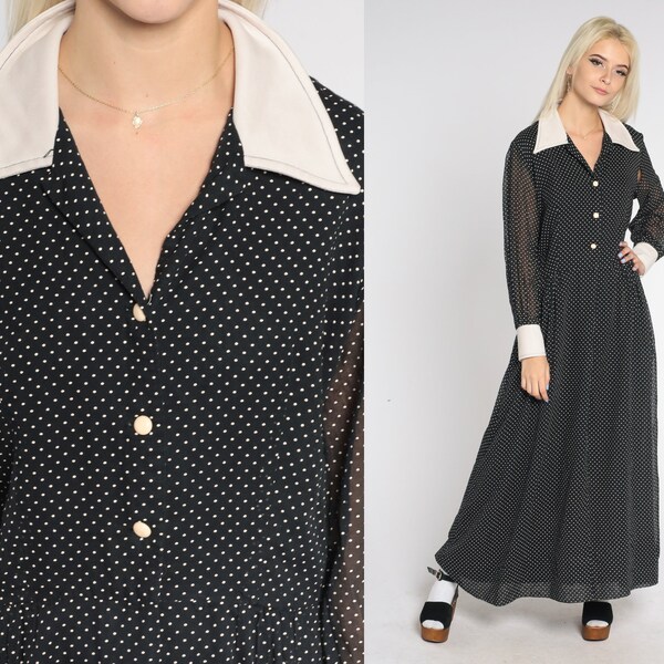 Polka Dot Maxi Dress 70s Long Mod Dress Button Up Collared High Waist Long Sheer Sleeve Contrast Collar Retro Gothic Vintage 1970s Medium