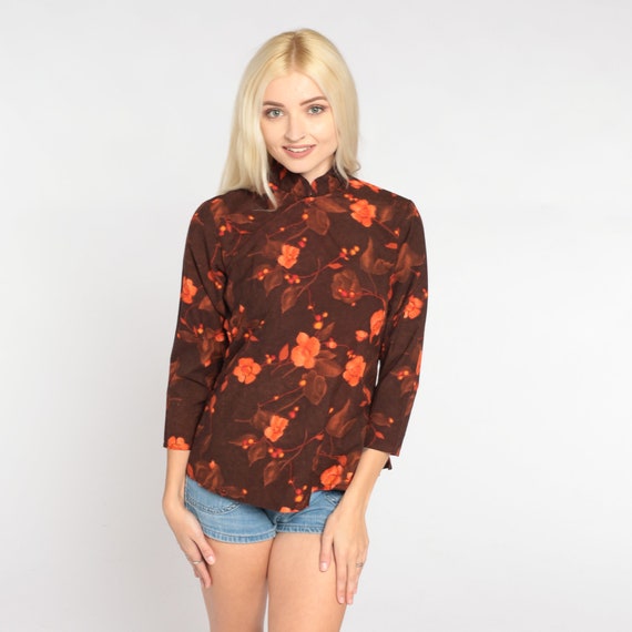 90s Floral Blouse Brown Asian Inspired Shirt Mandarin Collar Top 3/4 Sleeve Orange Flower Print Bohemian Vintage 1990s Extra Small xs