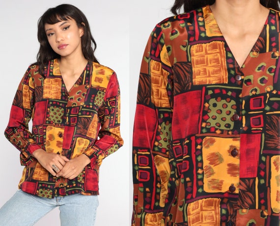 Button Up Shirt Geometric Shirt 90s Grunge Silky Long Sleeve Blouse Geometric Top Vintage Red Yellow Print Medium Large