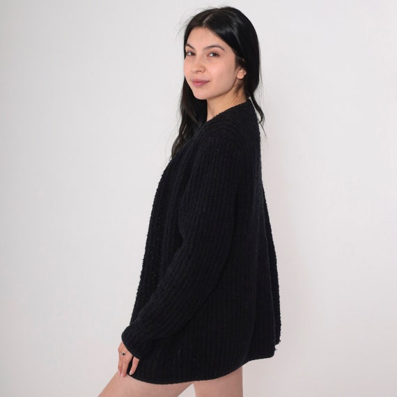 Black Wrap Cardigan 80s 90s Open Front Nubby Ribbed Knit Sweater Retro Plain Knitwear Cozy Longline Acrylic Vintage 1990s Medium
