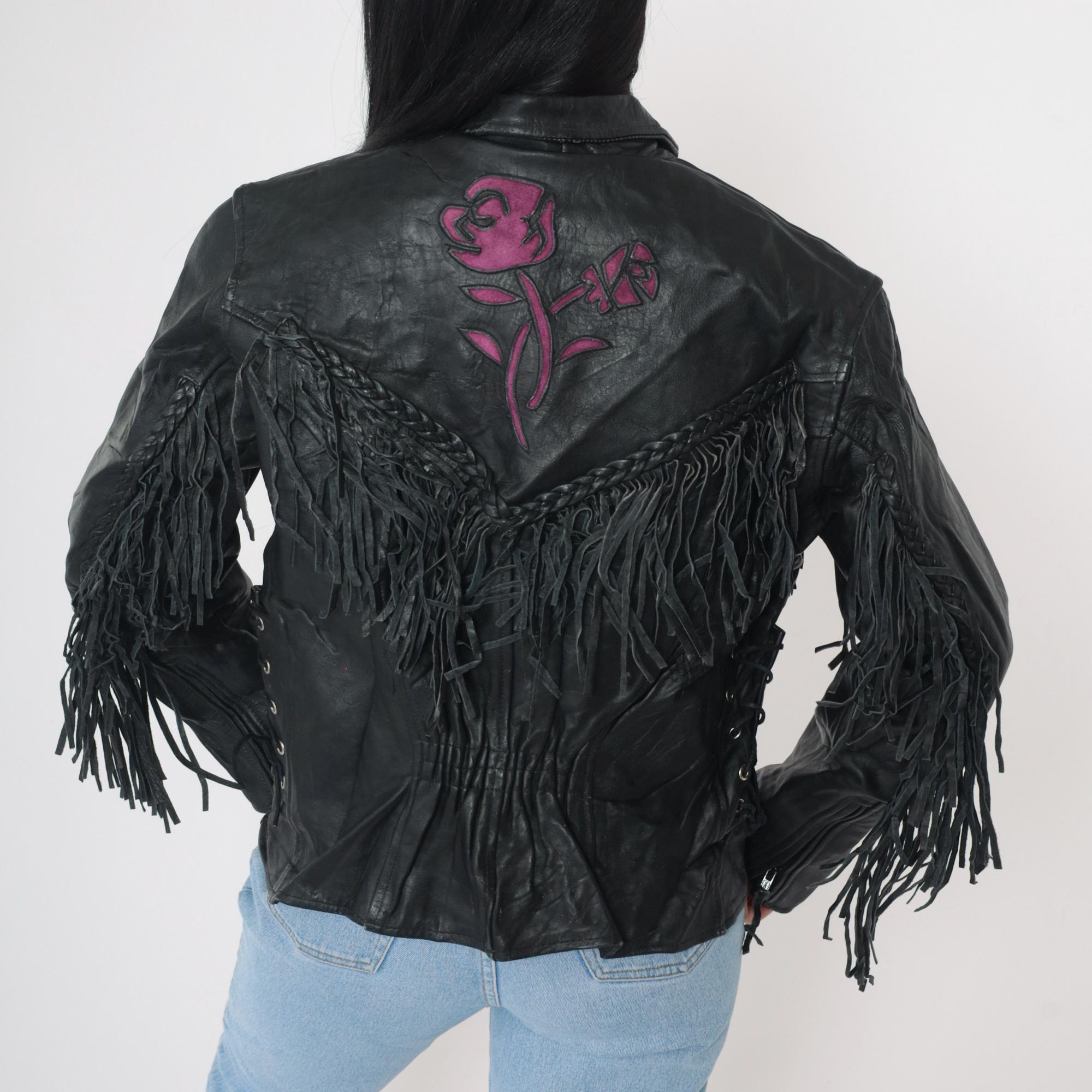 Vintage 90s Leather Fringe Jacket Black Floral Purple Suede Vintage 90s Leather Fringe Jacket Black Floral Purple Suede