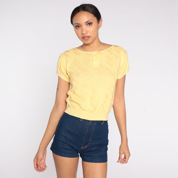 Knit Baby Tee 80s Yellow Sweater Shirt Cap Sleeve Henley Top Retro Boho Girly Spring Summer Blouse Girly 1980s Vintage Kawaii Small S