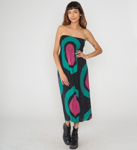 Geometric Beach Dress Y2K Strapless Smocked Bodice Black Teal Magenta Circular Print Stretchy Vintage Club Party Rave Summer Large L