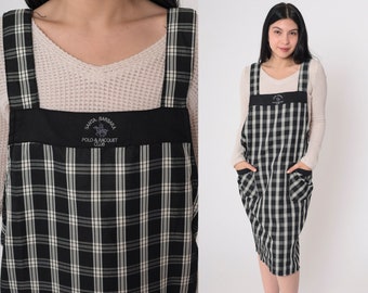 Plaid Apron Dress Y2k Santa Barbara Polo & Racquet Club Pinafore Black White Checkered Jumper Mini Open Back Vintage 00s Small Medium