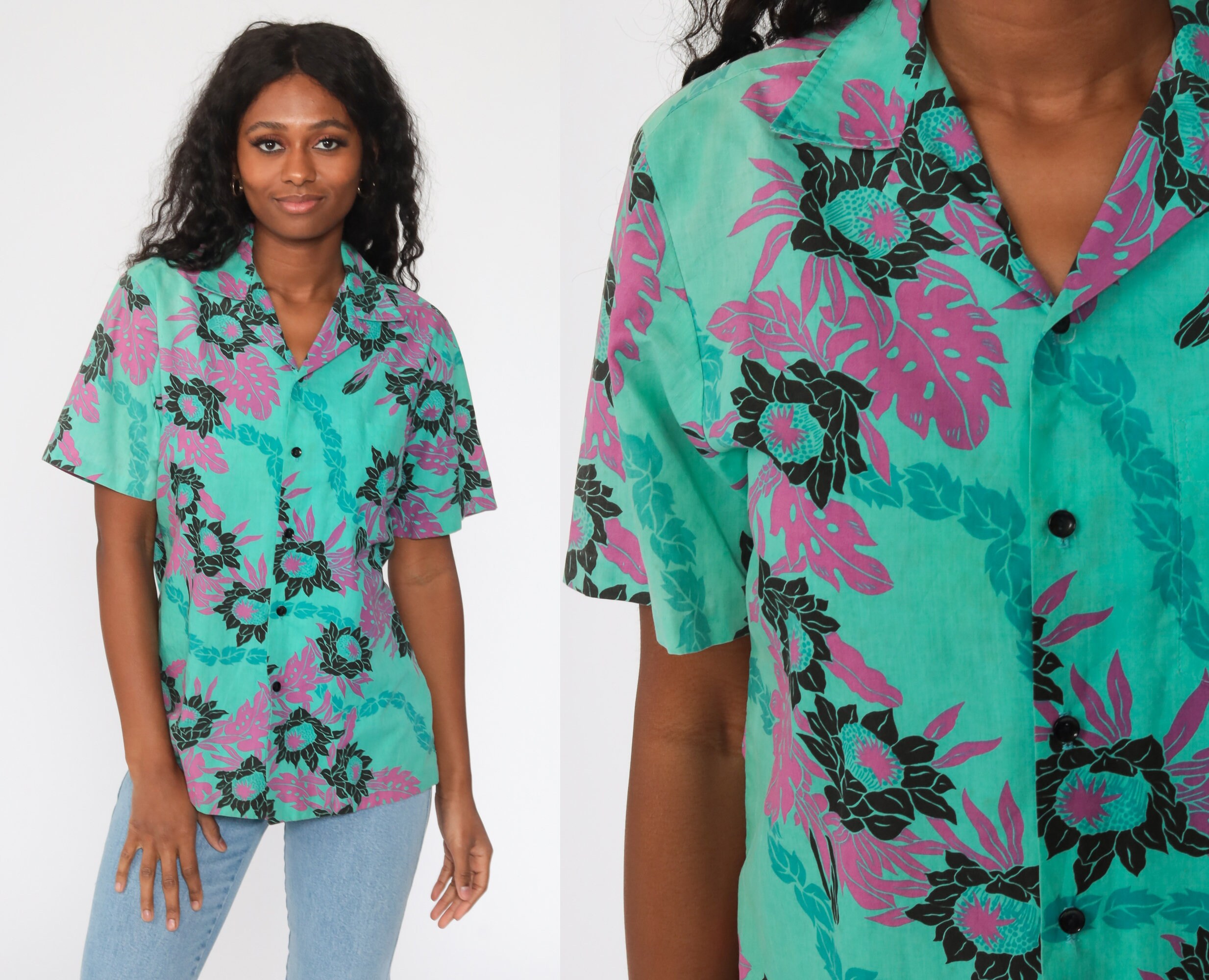 Tropical Floral Shirt Green Purple Hawaiian Blouse Button Up 80s ...