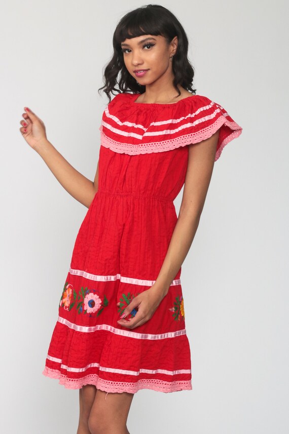 Red Bohemian Dress Midi OFF SHOULDER Dress Mexica… - image 4