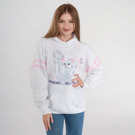 Vintage 90s Hooded Cat Sweatshirt Kitten Hoodie Cute Baby Animal Hearts Graphic Sweater Retro Kawaii Raglan Sleeve White Hood 1990s Large L