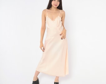 70s Peach Slip Dress Barbizon Bias Cut Midi Nightgown V Neck Cutout Trim Pink Coquette Balletcore Lingerie Sleepwear Chemise Vintage Large L