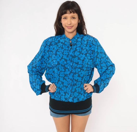 80s Floral Bomber Blouse Cobalt Blue Black Tropical Print Mandarin Collar Long Sleeve Boxy Fit Vintage Spring Jacket Top B.G.B.Ltd. Large L