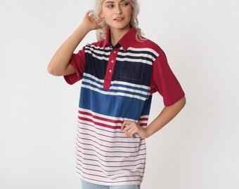 Striped Polo Shirt 90s Raspberry Red Navy Blue Collared T-Shirt Retro Short Sleeve Top Preppy Streetwear White Retro Vintage 1990s Large