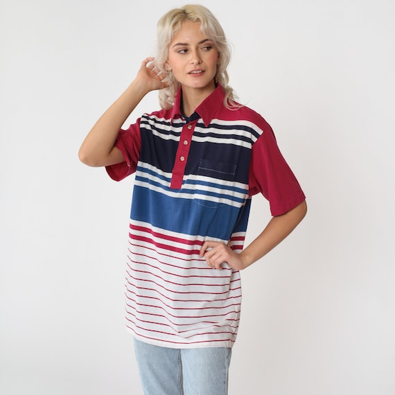 Striped Polo Shirt 90s Raspberry Red Navy Blue Collared T-Shirt Retro Short Sleeve Top Preppy Streetwear White Retro Vintage 1990s Large
