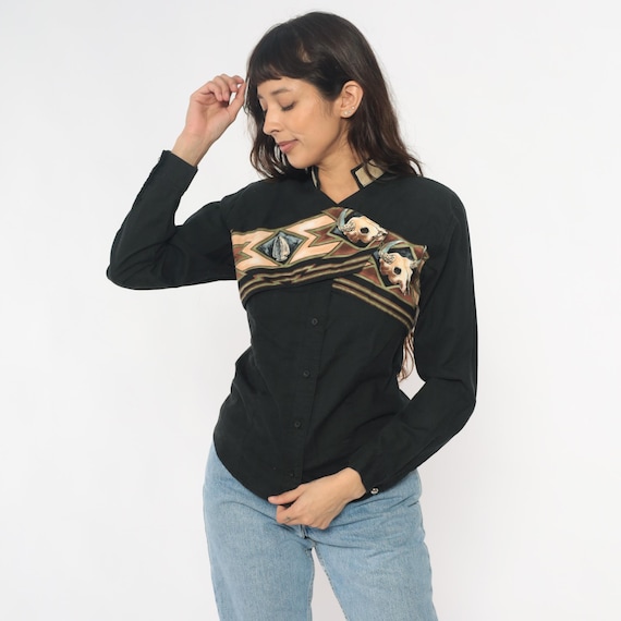 Black Southwestern Shirt Roper Western 90s Bull Skull Geometric Chevron Cotton Vintage Collar Country Gothic Rodeo Ranch Blouse Small S