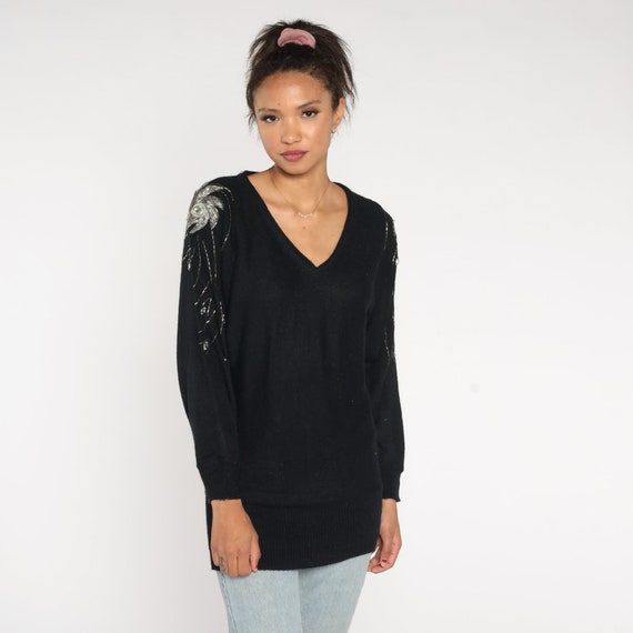 Black Beaded Sweater 80s Dolman Sleeve Sweater Silver Gem Pullover Sweater 1980s Knit Retro Vintage Holiday Sweater Swirl Medium