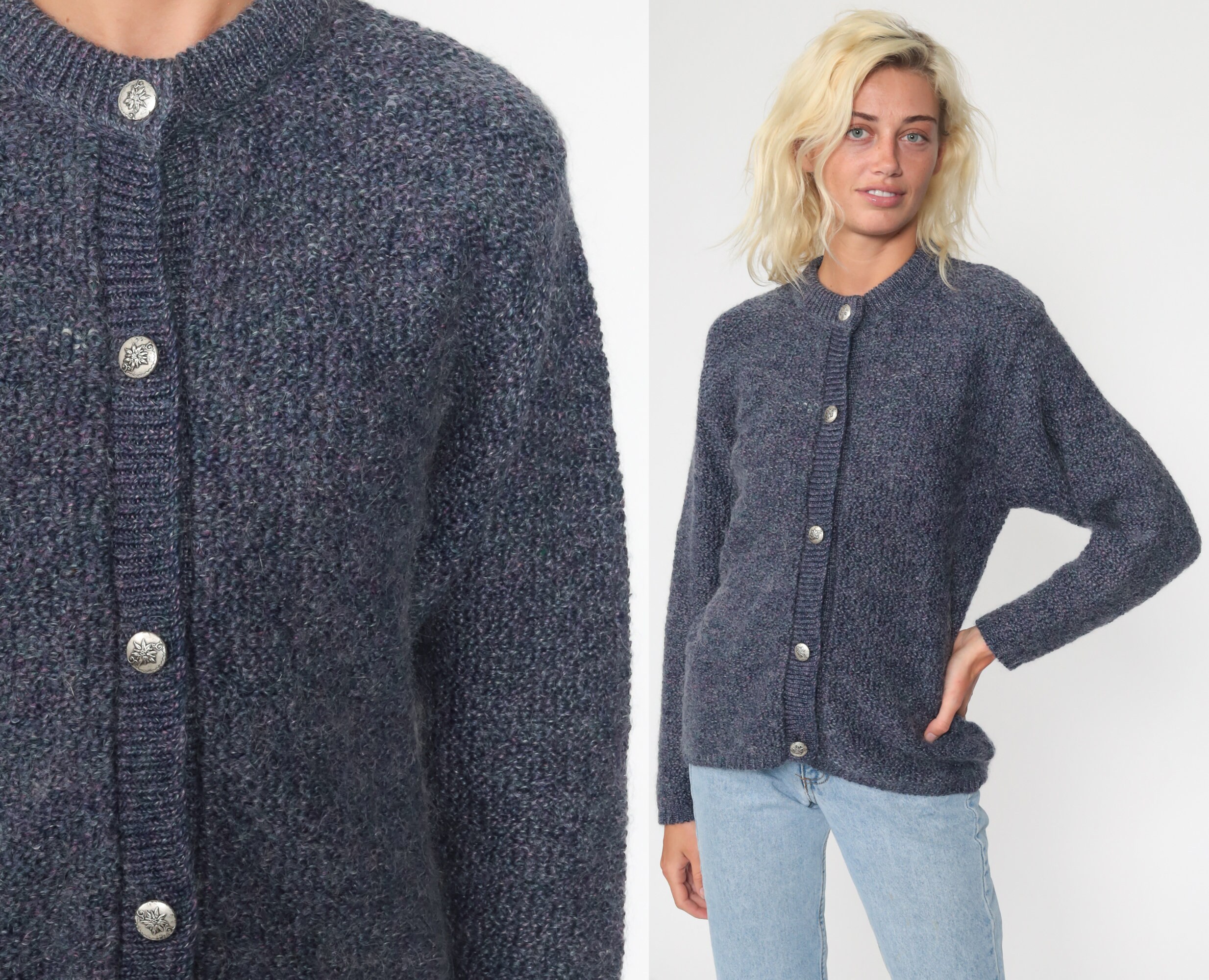 Purple Sweater 90s Cardigan Sweater Mohair Blend Grunge Button