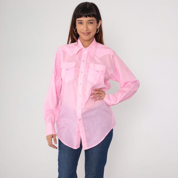 Baby Pink Western Shirt 70s Pearl Snap Shirt Long Sleeve Vintage Rockmount Dagger Collar 1970s Button Up Plain Oxford Shirt Men's Medium M
