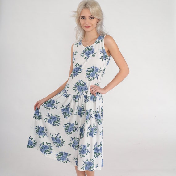 Floral Midi Dress 90s Day Dress Drop Waist Summer White Blue Flower Rose Print Retro Boho Jumper Sleeveless Sundress Vintage 1990s Medium M