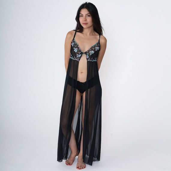 Black Embroidered Nightgown 90s Sexy Floral Sheer Slip Dress Underwire Bustier Lingerie High Slit Vintage Maxi Spaghetti Strap Long Medium