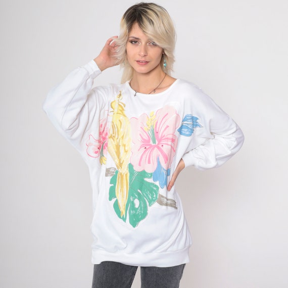 Tropical Bird Sweatshirt 90s White Dolman Sleeve Tropical Shirt Floral Sequin Beaded Sweatshirt Graphic Long Sleeve 1990s Vintage Large L