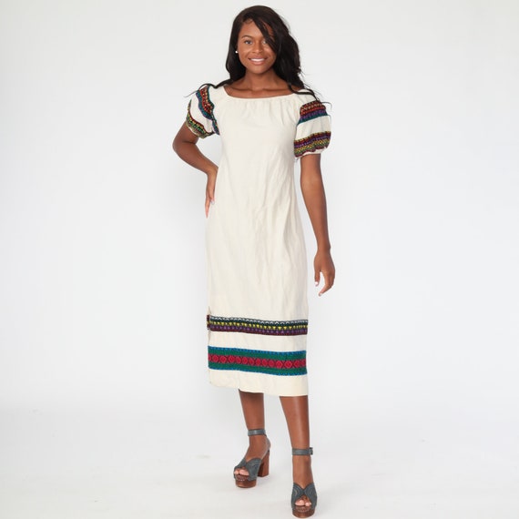 Floral Peasant Dress 70s Boho Cream Embroidered Shift Midi Hippie