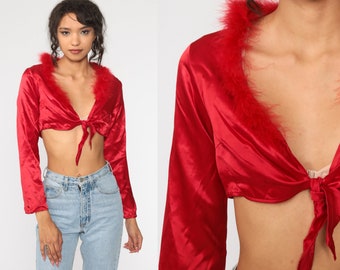 Satin CROP TOP Feather Trim Shirt Vintage Y2K Shirt Club Party Red Shirt Long Sleeve 00s Cropped Shirt Cropped Top Tie Waist Small